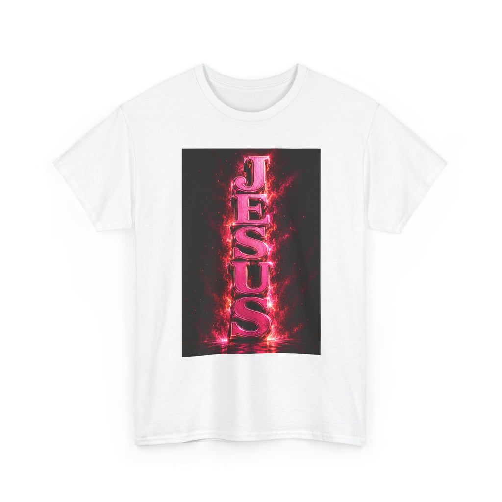 Jesus Flame Graphic Tee - Bold Vertical Neon Cross Christian T-Shirt